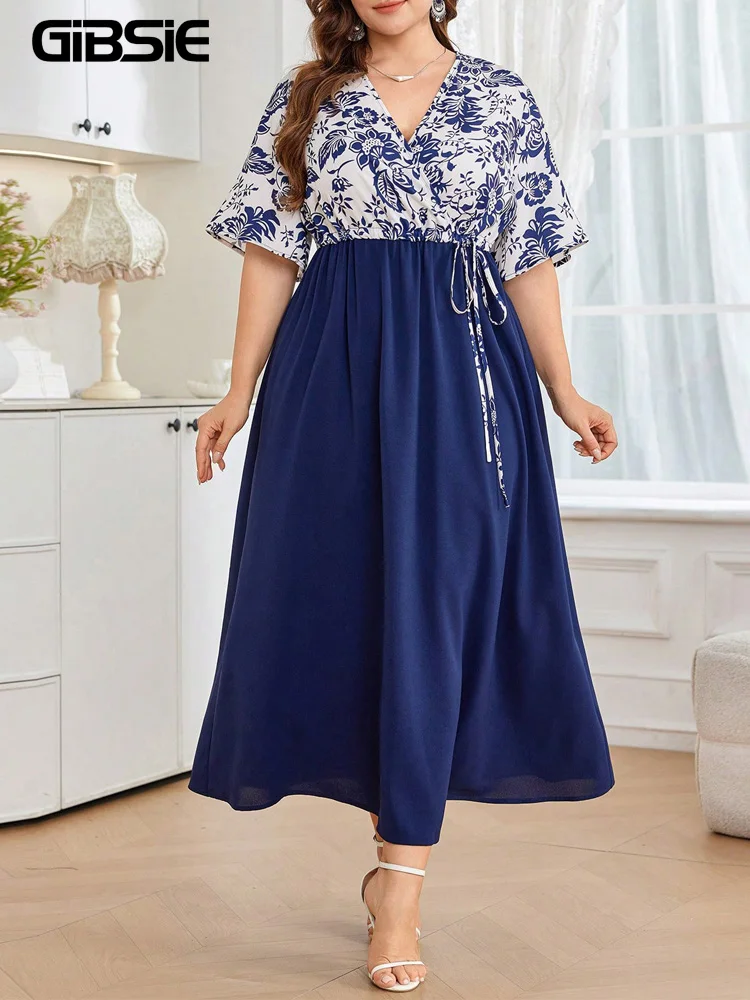 GIBSIE Vestido largo con estampado floral y cuello en V para mujer, talla grande, cintura alta, manga media, de gasa, estilo A, para verano y vacaciones