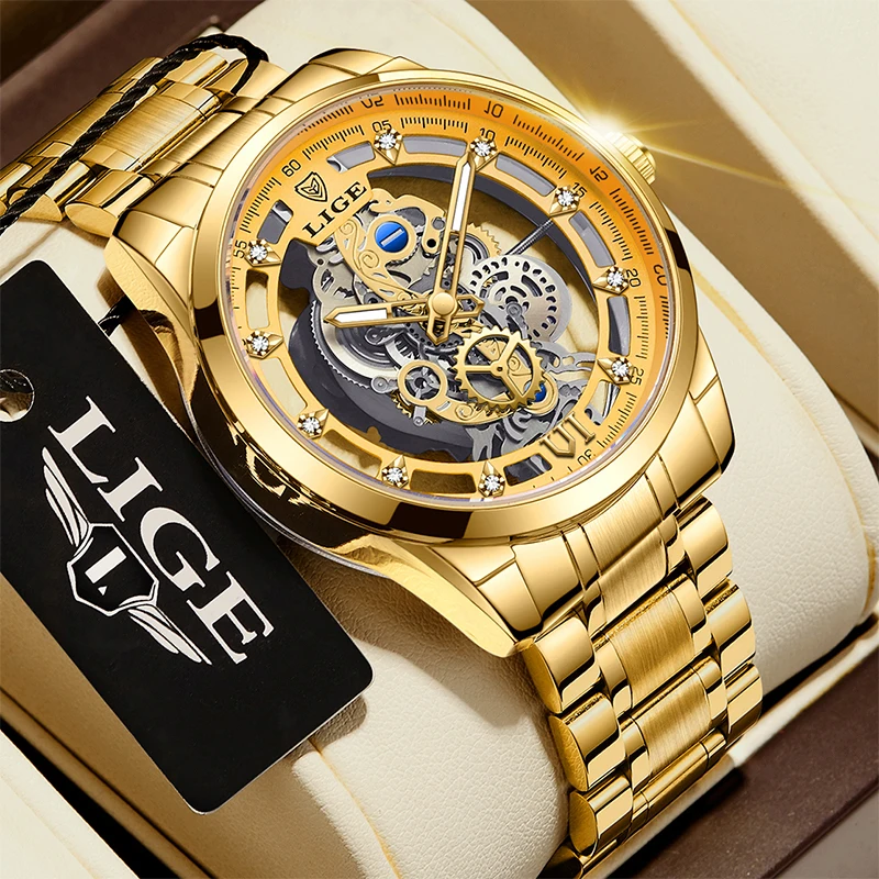 LIGE New Men Watches Skeleton Quartz Wristwatch Gold Skeleton Retro Watch For Man Top Brand Luxury Clock Mens Watch Reloj Hombre