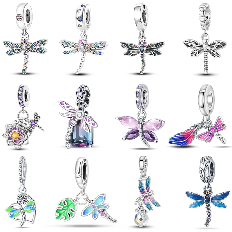 100% 925 Sterling Silver wykwintne kolorowe ważki Charms wisiorki musujące cyrkon Fit Qikaola oryginalne bransoletki DIY biżuteria