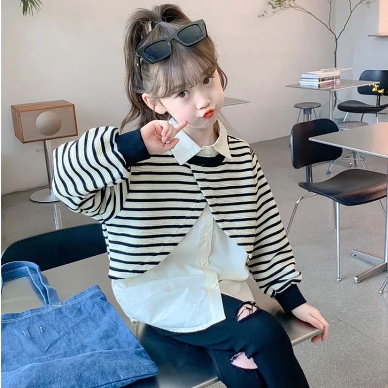 

Girls' Autumn Wear 2026 New Stylish Striped Long Sleeve Pseudo Two Piece Collared Shirt Trendy Toddler Blazer Top for Girls