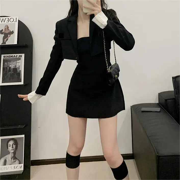 Office Lady Dress Suits 2024 Long Sleeve Blazers Slim Sleeveless Slip Mini Dresses Sets Autumn Elegant Women Black 2 Piece Set