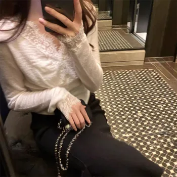 Elegant Lace Trim V Neck Knit Sweater Women Ruched Waist Button-Up Long Sleeve Jumpers Lady Soft Stretchy Fashion Short Pullover 3