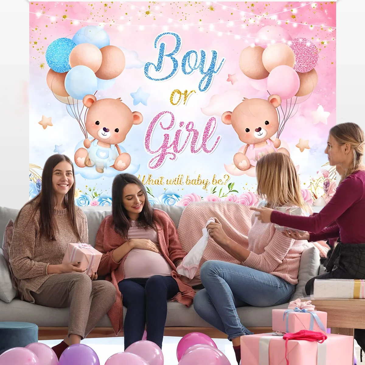 

Gender Reveal Party Photography Backdrops Boy Or Girl Baby Shower He Or She Bear Balloons Decor Background for Photo Studio