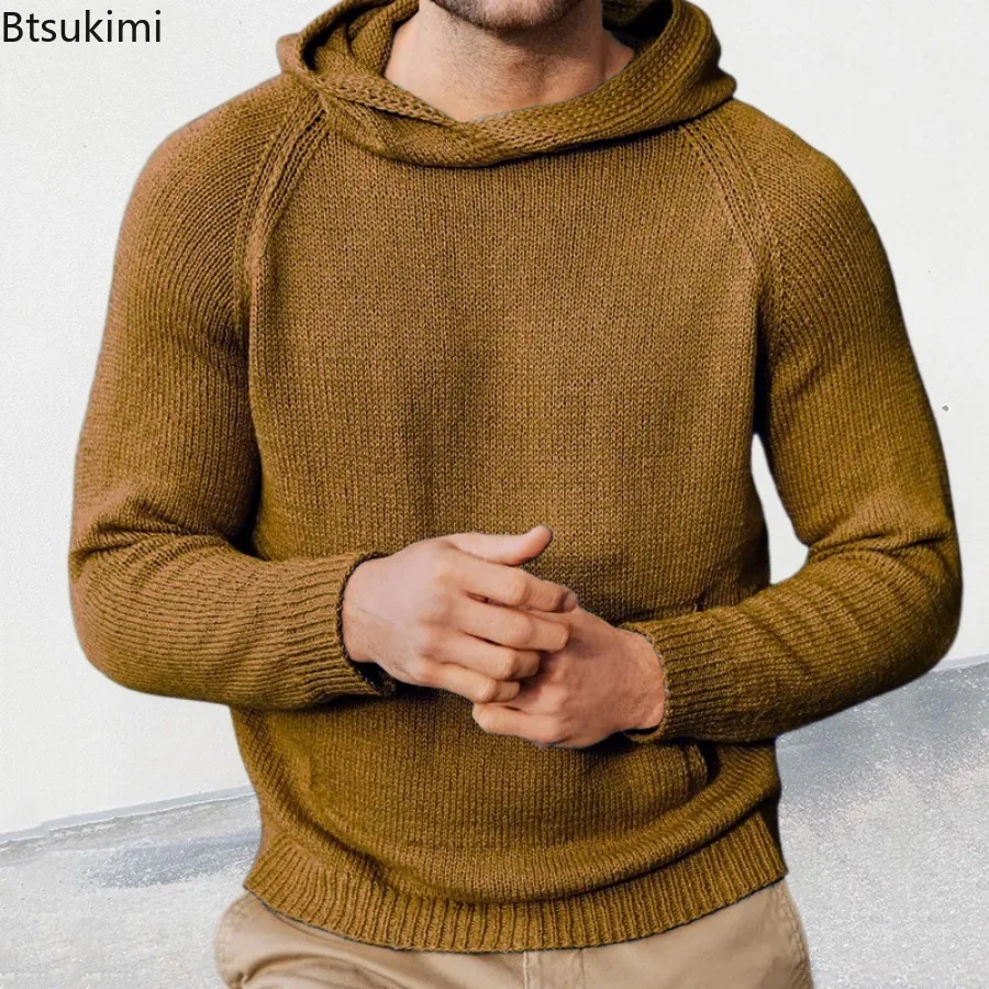 2024 Men's Solid Knitted Sweater Shirts Autumn Winter Long Sleeve Jumper Pullovers Men Clothing Hooded Knitted Sweater Tops Male