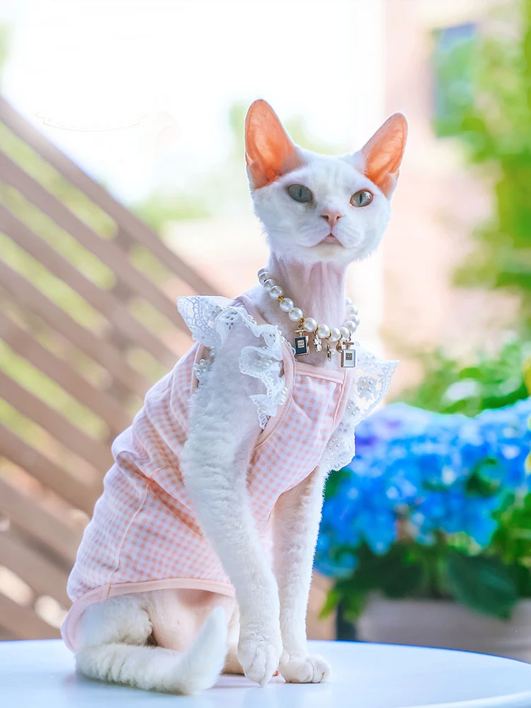 Sphynx Cat Clothes Pink Cotton Lace Floral Dress for Kittens Spring Sweet Vest for female Cat Vintage T-shirt for Devon Rex