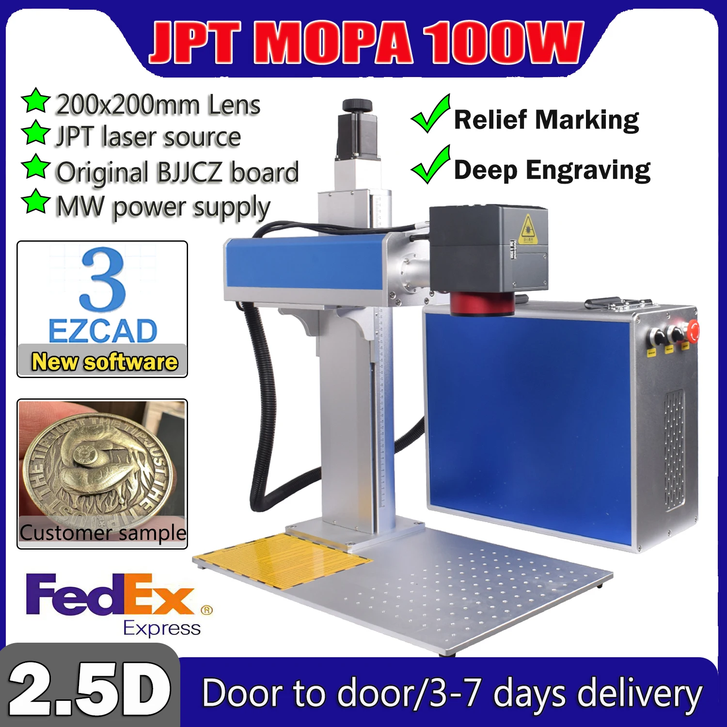 2.5D JPT MOPA 200W EZCAD 3.0 Fiber Laser Engraver Cutting Machine BJJCZ original board Relief Marking Deep Engraving on metal