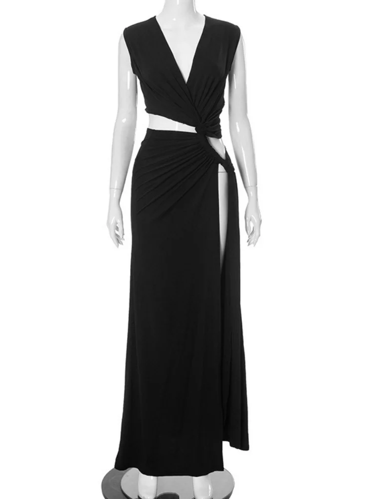 Wmstar ชุดผู้หญิงขายส่งใหม่สีทึบเซ็กซี่ลึก V รูปตัด Slit รูปกอดชุดยาวผู้หญิงฤดูร้อน