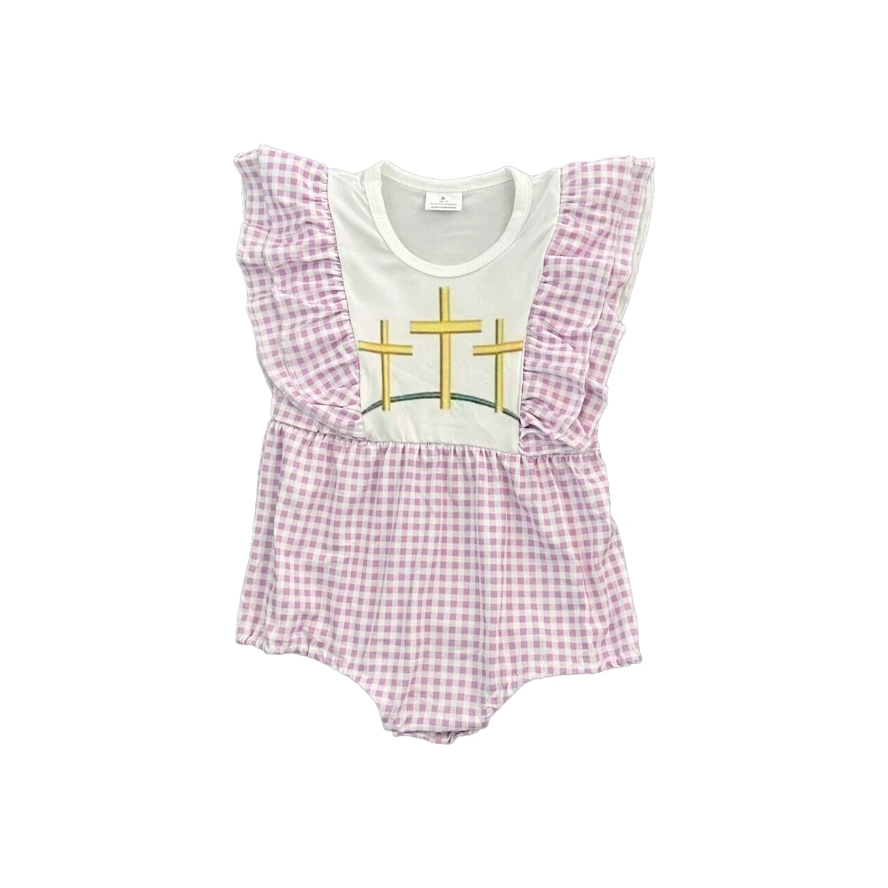 Boutique Children Easter Clothing New Girl    Easter Cross Dresses Pink Gingham Baby Rompers