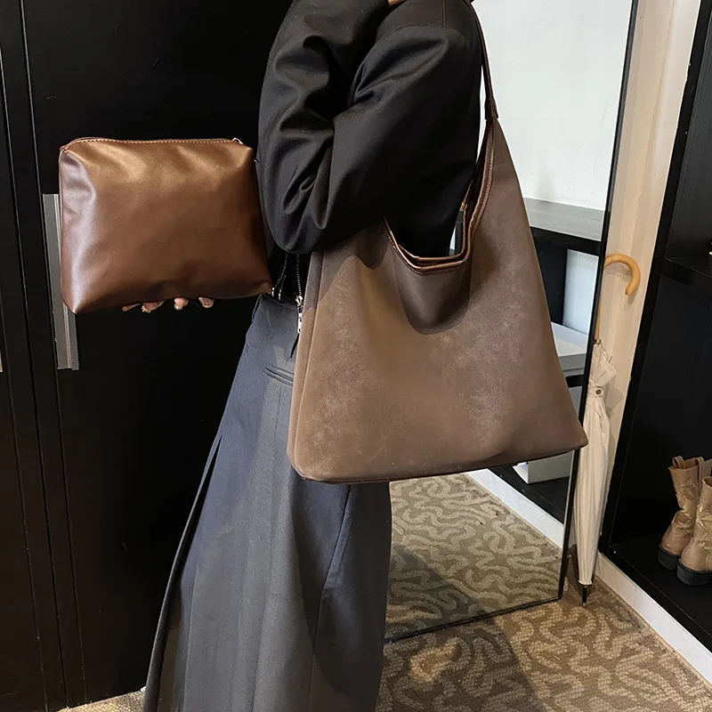 

Tote bag with matte leather texture, solid color, soft and casual shoulder bag, large capacity, simple texture