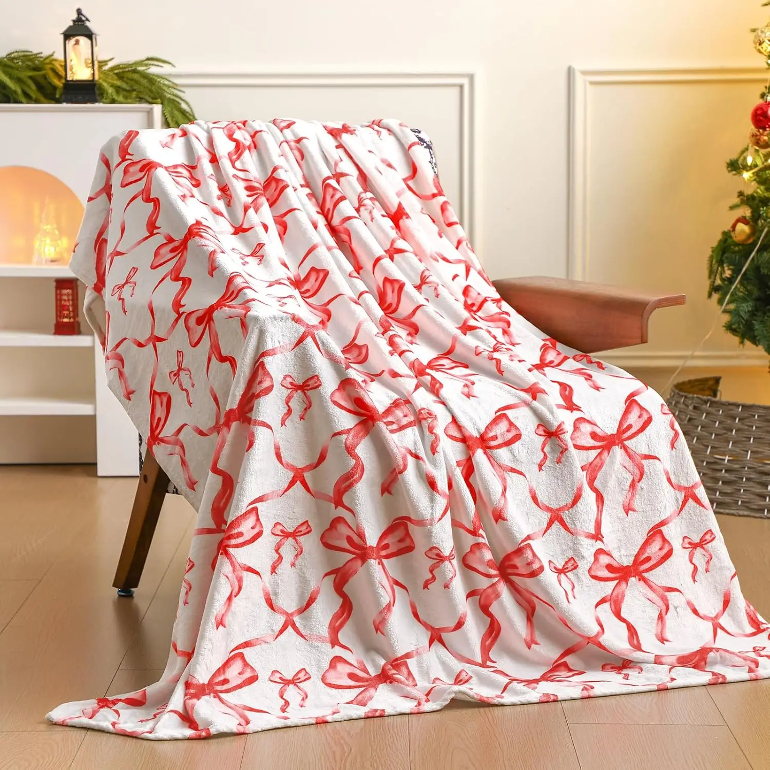 Buryeah Christmas Bow Throw Blanket Red Preppy Blanket Coquette Flannel Soft Cute Christmas Bow Stuff Lightweight Aesthetic