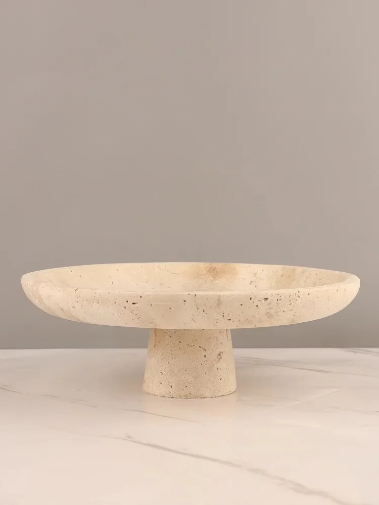 French Style Retro Home Use Natural Marble Fruit Tray Hotel Light luxury Advanced Decoration Yellow Cave Stone Tall Foot Tray