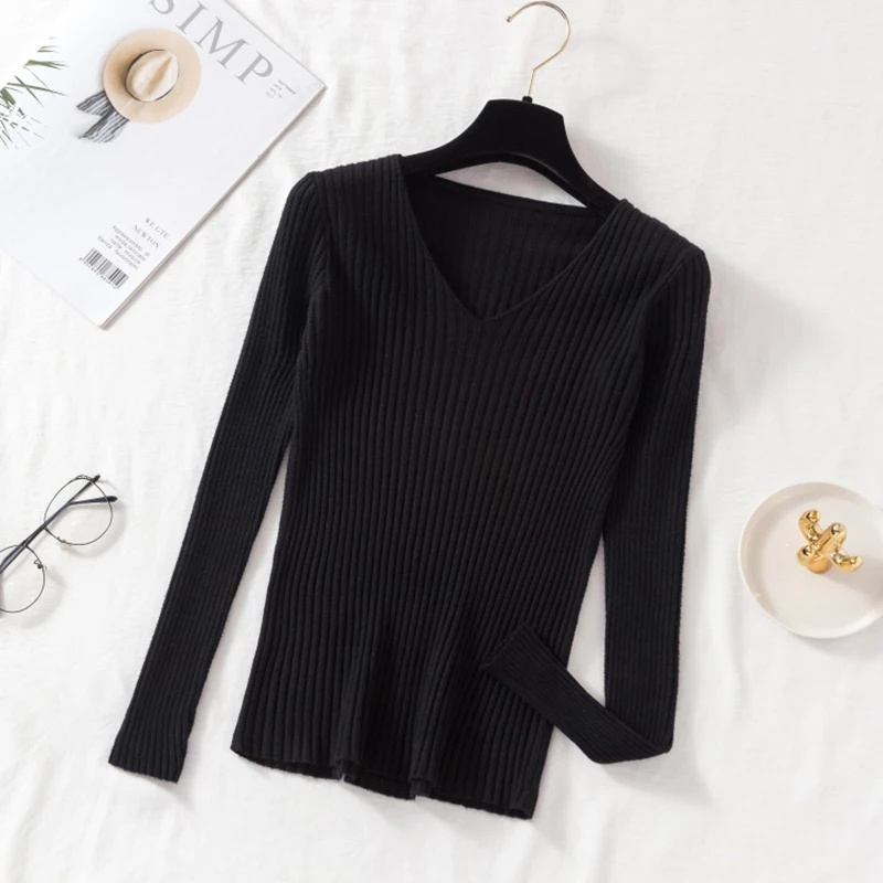 Autumn Winter Women Sweaters Casual Long Sleeve Knitted V Neck Pullover Sweater Femme Basic Solid Jersey Tops Fashion Clothes