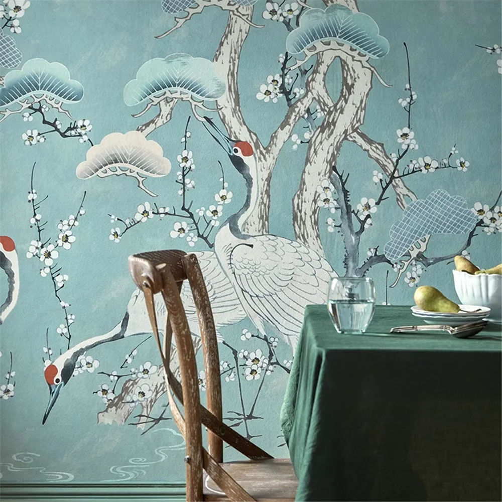 custom New Chinese British murals elegant plum blossoms birds wallpaper wall cloth pine trees cranes 3D flowers room decoration