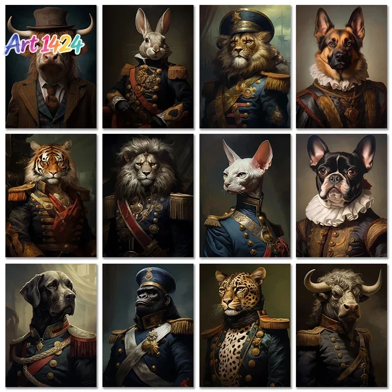 Vintage Animal Head Human Body Canvas Painting And Prints Cat Dog Lion Cow Tiger Rabbit Court Style Posters Wall Art Home Decor
