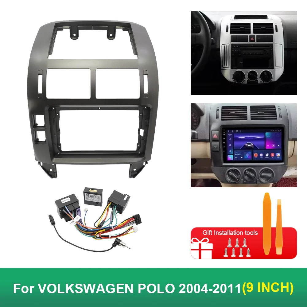 

Для VOLKSWAGEN POLO 2004-2011 9-дюймовый автомобильный радиоприемник, матовый черный, серебристый, стерео панель приборной панели, рамка 2 Din DVD, Android-плеер