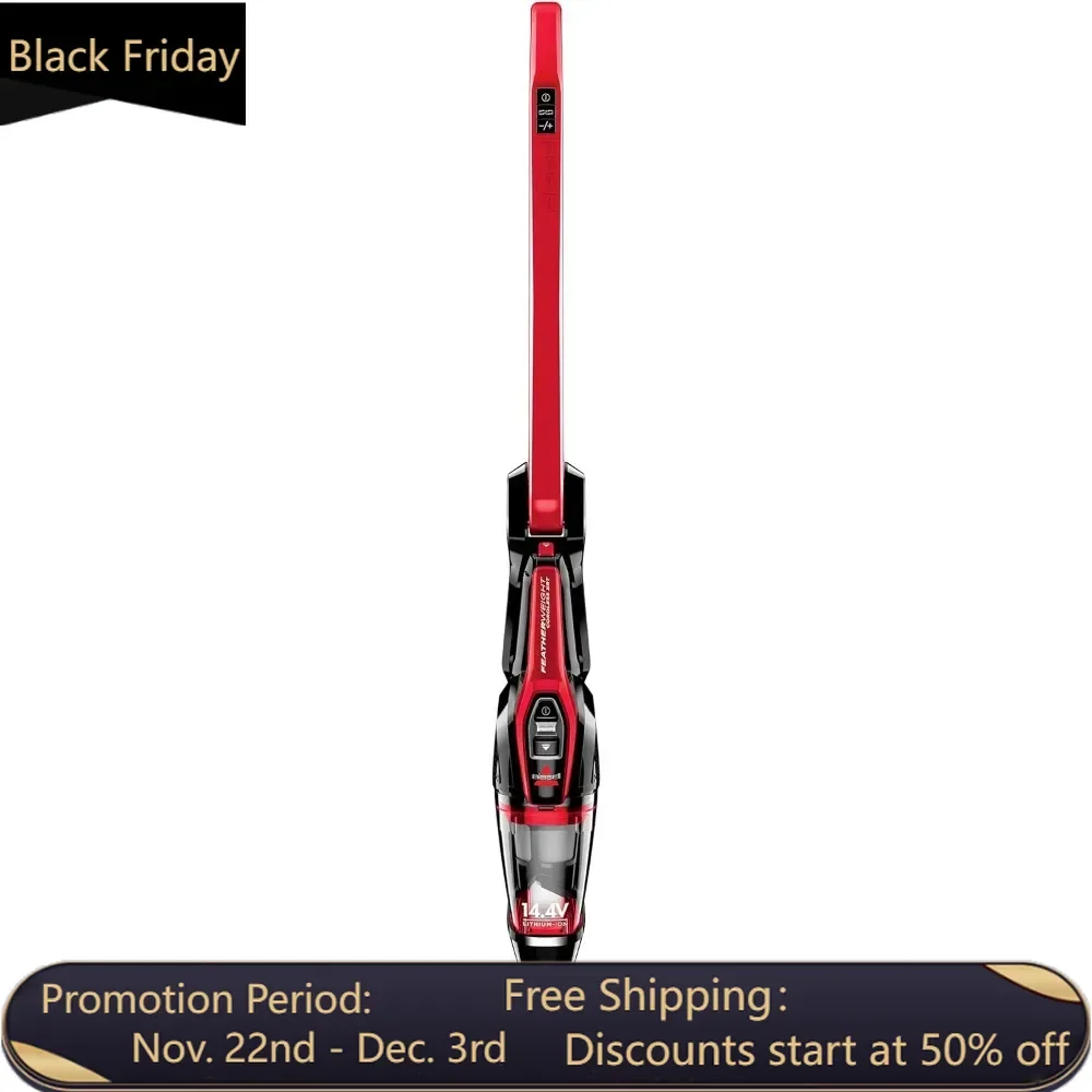 Featherweight Cordless 14.4V Stick Vacuum, Red, Two-Way Folding Handle 25 Minutes of Run Time and Charges in Just 4.5 Hours