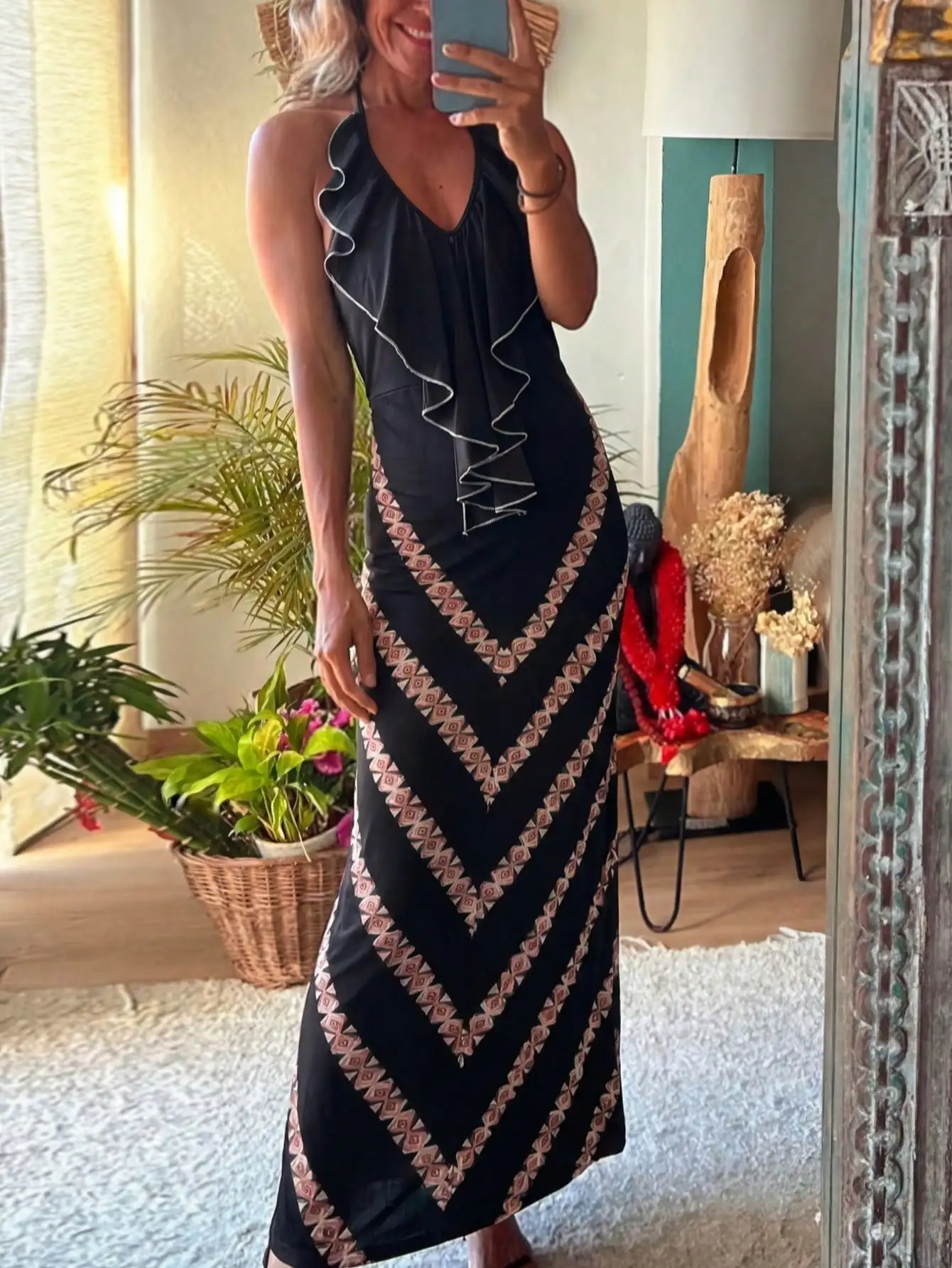 

Женское облегающее длинное платье в европейско-американском стиле для летнего отдыха с открытой спиной и завязками на шее