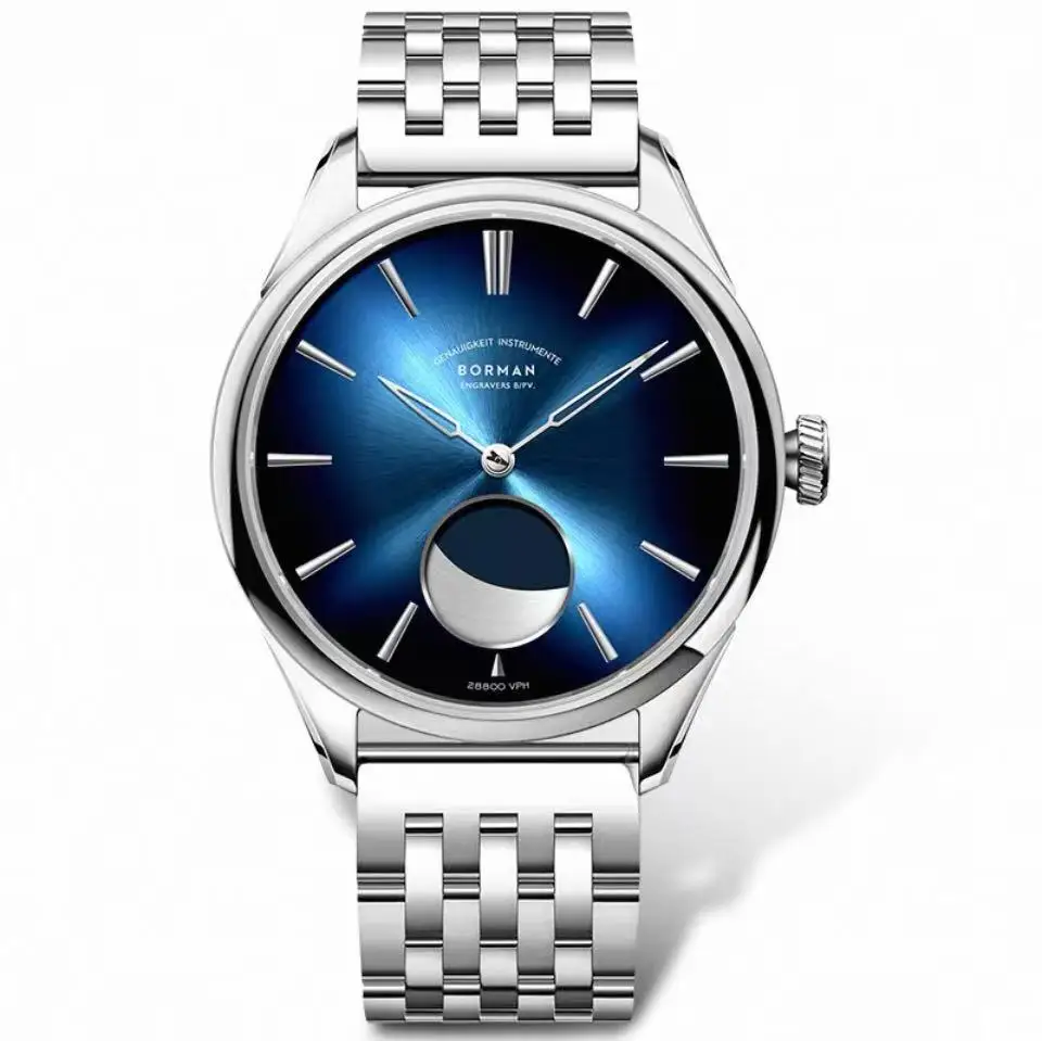 Borman Herren-Automatikuhren, luxuriöse Mondphase, männliche Uhr, mechanische Armbanduhr, modisch, 50 m wasserdicht, Saphir-Lederarmband 6