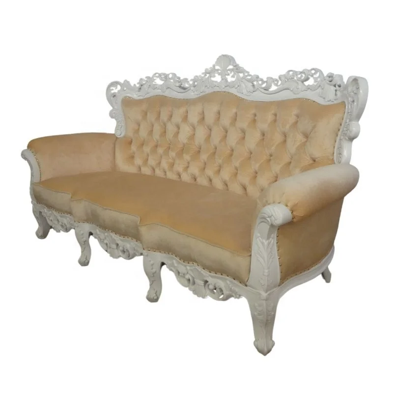 French Style Living Room Sofa Wooden Baroque Sofa Three Seater for Antique Reproduction Home Furniture and Living Room Hotel