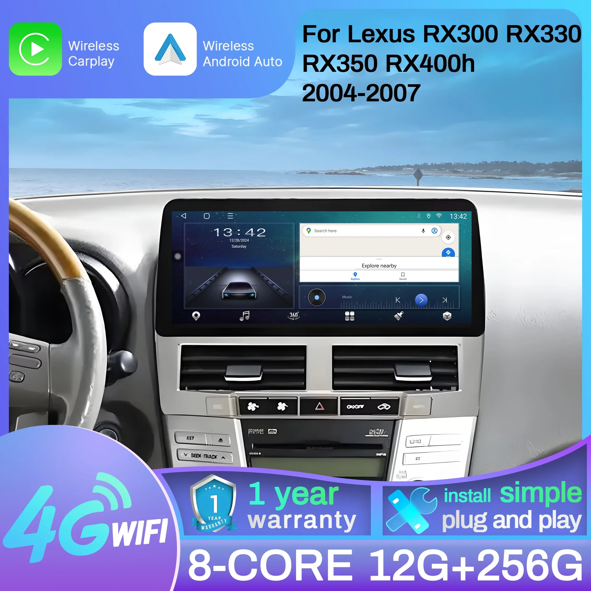 12.3 inch For Lexus RX300 RX330 RX350 RX400h 2004-2007 Car Radio Android 15 BT Carplay Multimedia Navigation Head Unit Screen