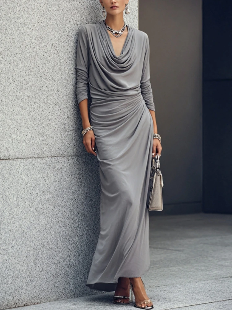 Women Draped Neckline Maxi Dress Long Sleeve Side Ruched Bodycon Long Dress Elegant Stretch Evening Party Formal Dresses