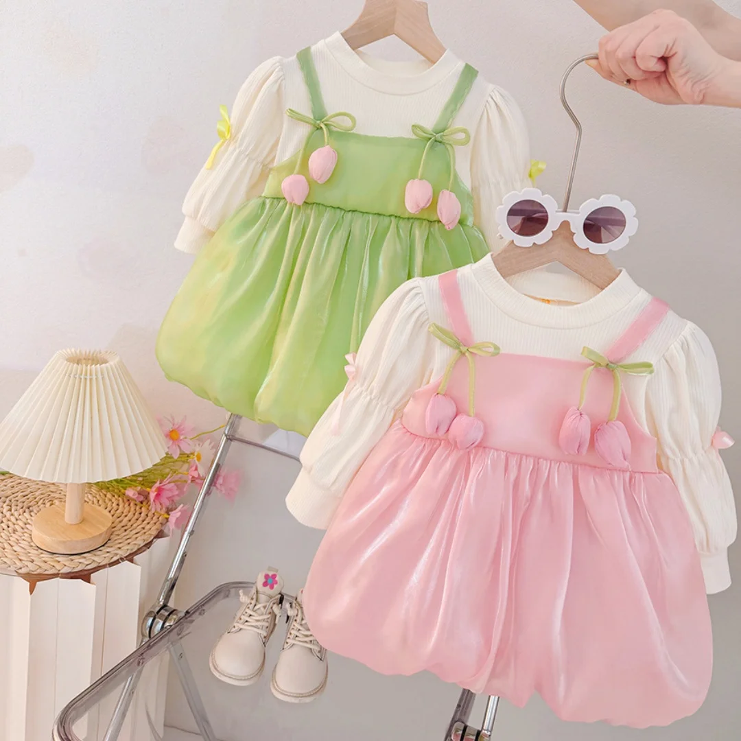 

Baby Girl Dress Autumn/Winter Cotton Solid Color Tulip Bow Long Sleeve Baby Dress Sweet and Cute Christmas Baby Girl Clothing