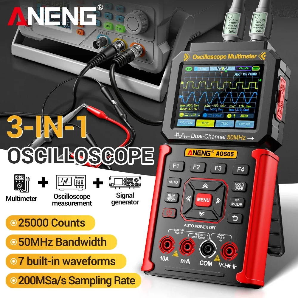 ANENG AOS05 3-in-1 Handheld Oscilloscope Multimeter Signal Generator Dual Channel 50MHz 200MSa/s Rechargeable Electronic Repair