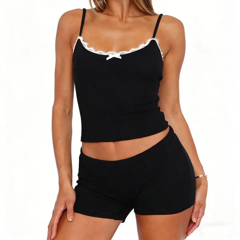 

Womens Cami Pajama Sets 2 Piece Lace Camisole and Shorts Pj Set Y2K Sexy Fitted Sleepwear Pjs Lounge Outfits