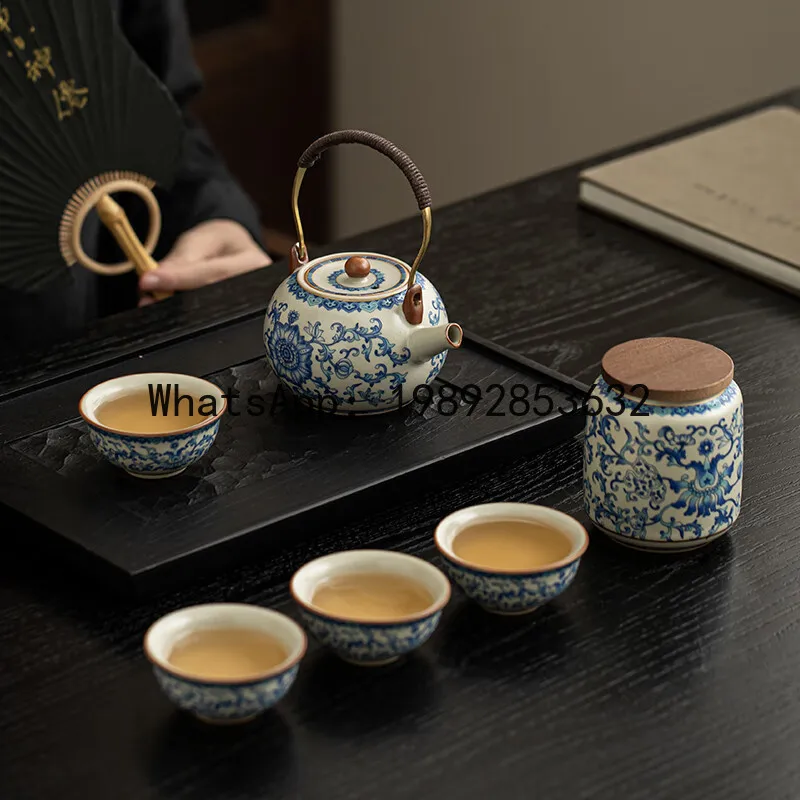 Hys ru kiln tea set suit lift beam pot gift box one pot four cups travel tea set