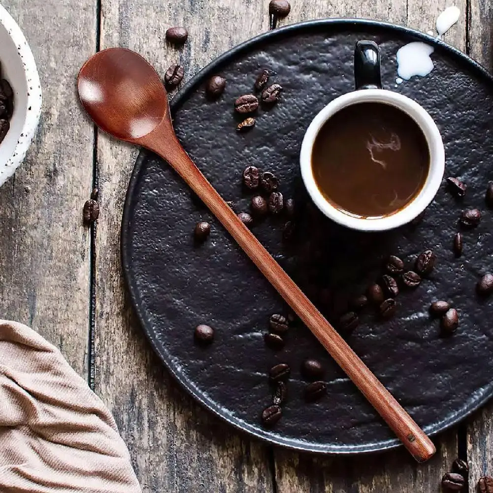 Kitchen Long Handle Wooden Spoon Soup Spoon Coffee Milk Stirring Spoon Honey Teaspoon Home Kitchen Tableware Accessories