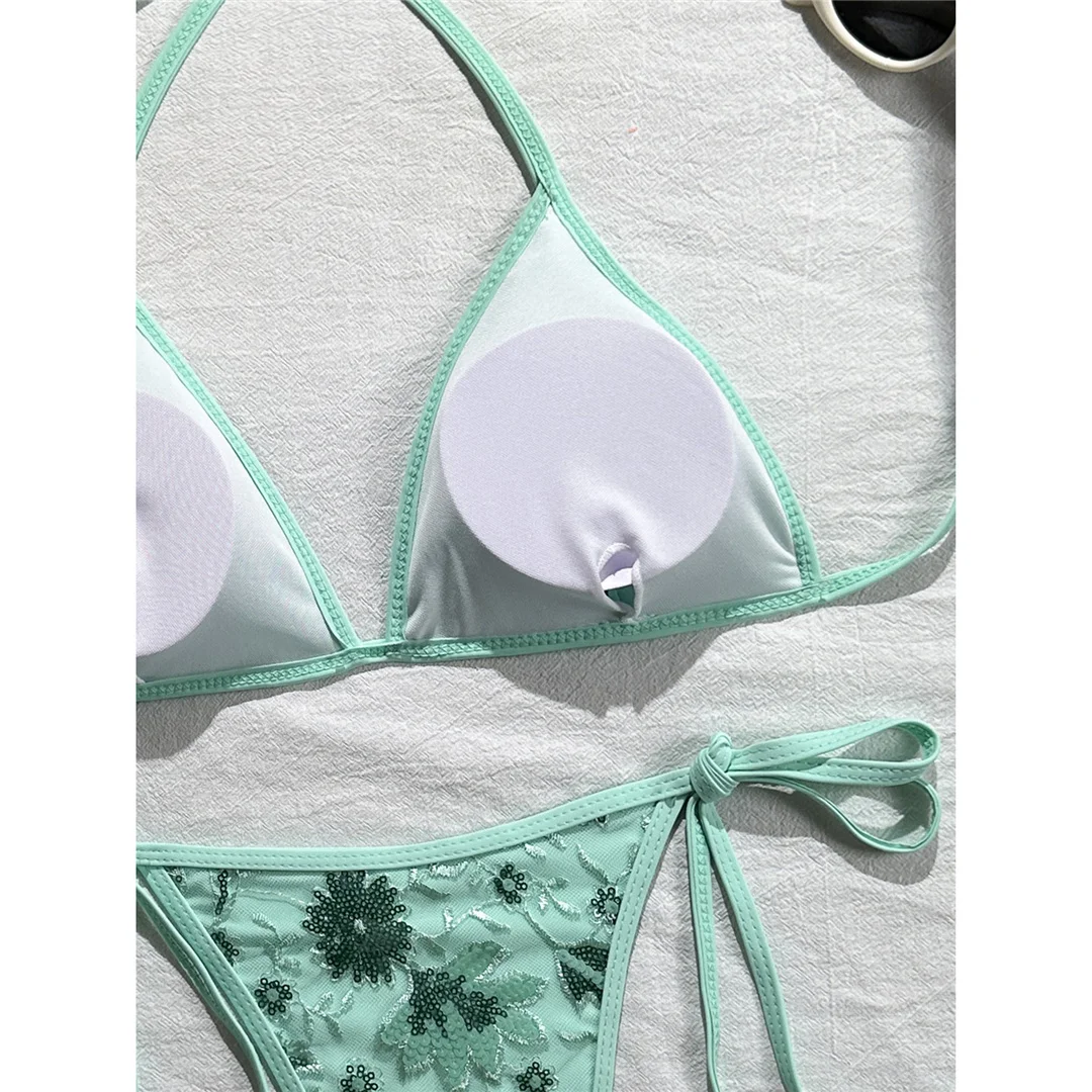 Bedruckter Bikini mit Pailletten, Neckholder-Design, Damen-Badebekleidung, zweiteiliger Bikini, hoher Beinausschnitt, Badeanzug, Badebekleidung, Modell V8237. – Detail 17