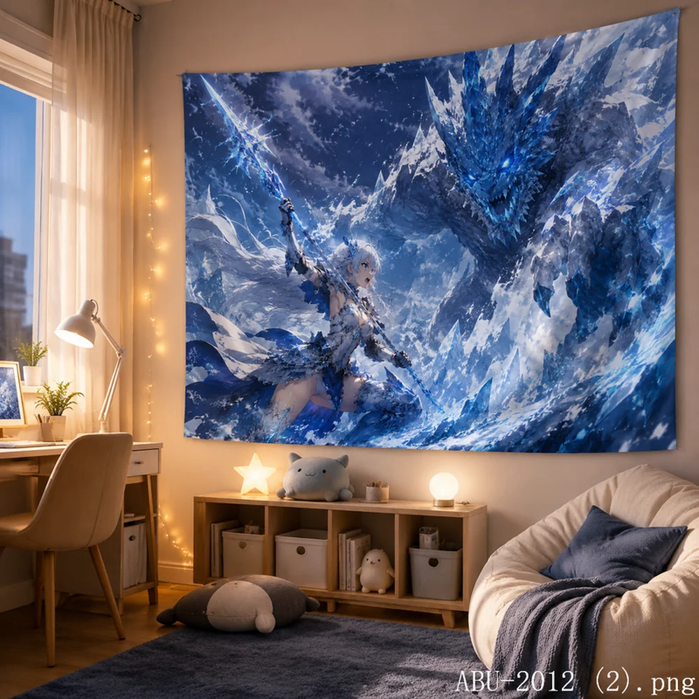 VIKAMA Lava Warrior Anime Tapestry Fiery Red Haired Girl Flaming Sword Volcanic Wall Art