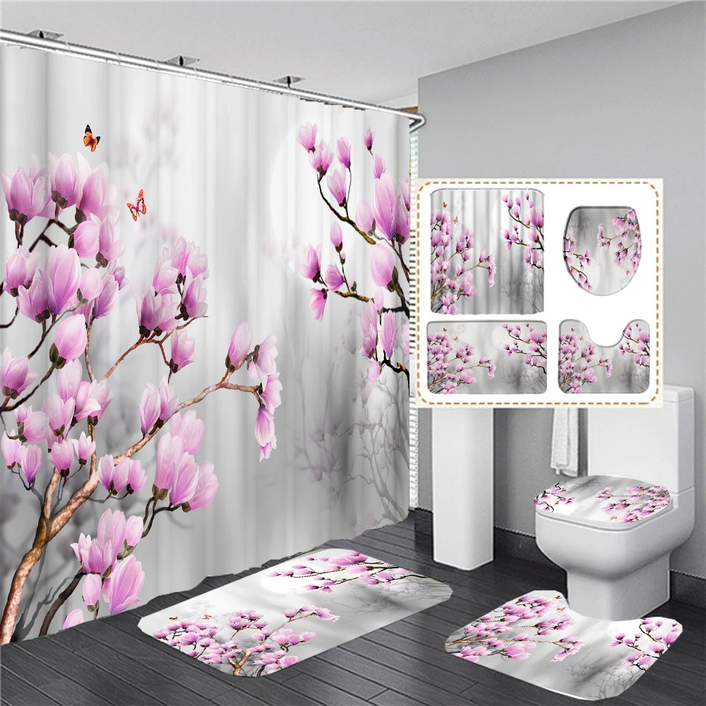 Waterproof Bathroom Shower Curtain Flower Bath Curtain Sets Toilet Cover Non-Slip Mat Rug Carpet Set Home Decor Accessories