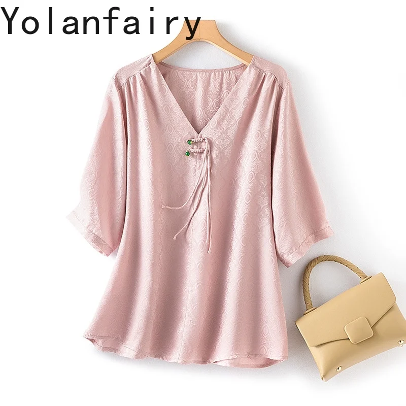 YOLANFAIRY بلوزات حرير التوت الحقيقي 100% للمرأة أنيقة من قماش الجاكار بلوزات وبلوزات فضفاضة للسيدات برقبة على شكل حرف v بلوزة نسائية فاخرة