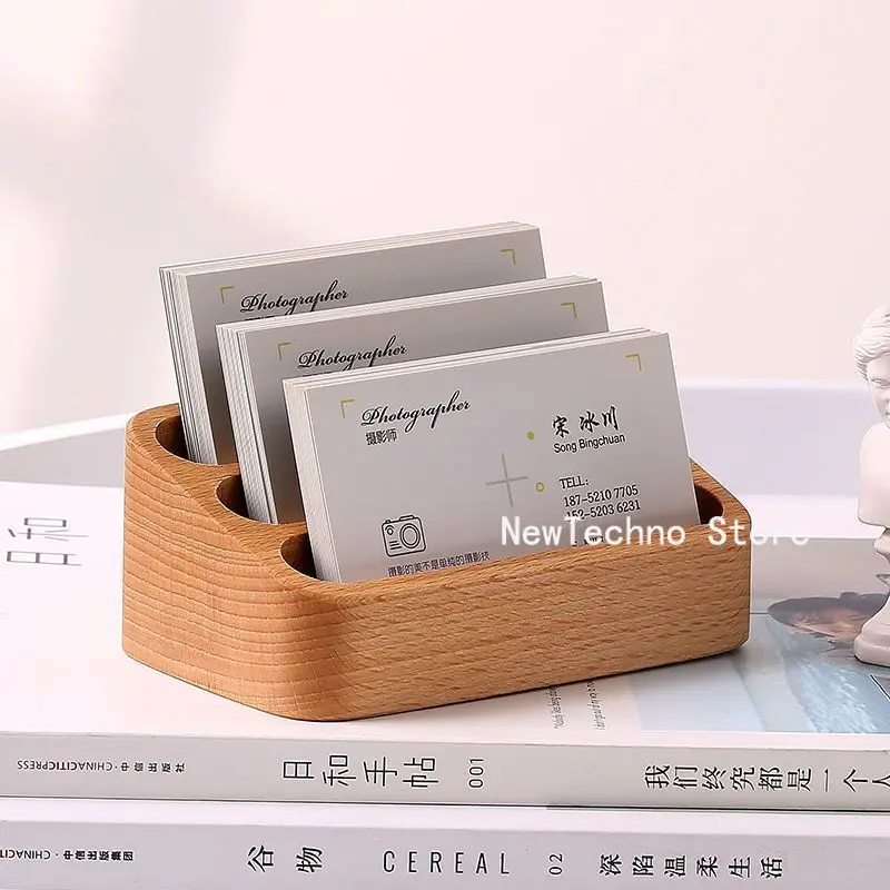 Solid Wood Desktop Business Card Display Stand Memo Holder Storage Box Beech Wood Card Organizer For Office