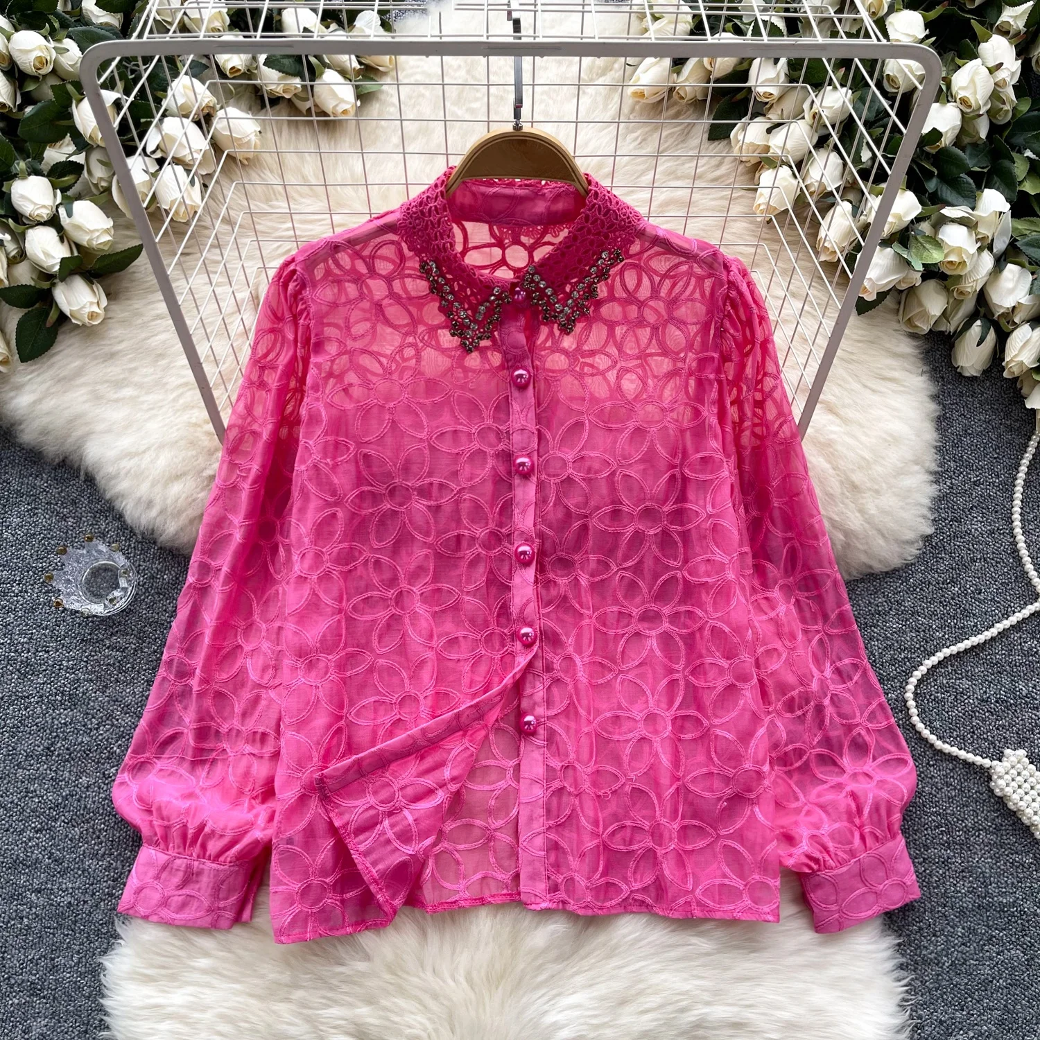 

Clothland Women Sweet Transparent Blouse Beading Pearl Collar Long Sleeve Shirt See Through Chic Tops Blusa LB136