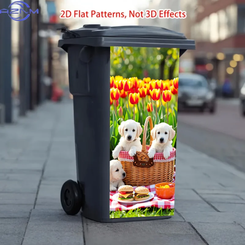 Autocollant 2D pour poubelle : motif « Chien mignon dans un panier admirant les fleurs». Cet autocollant à finition mate est