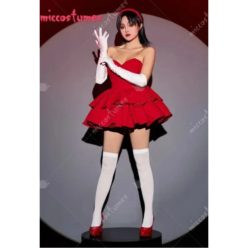 Mica Clothing の女性ミマ コスプレの赤いストラップレス ドレス、ヘッドバンド、ロング ストッキング、手袋はハロウィーン パーティーに適しています。