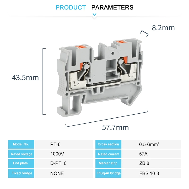 PT6 Push-in Terminal Block Din Rail 6mm² Screwless Spring Feed-Through Connector Wire Electrical Strip Plug PT-6 PT 6