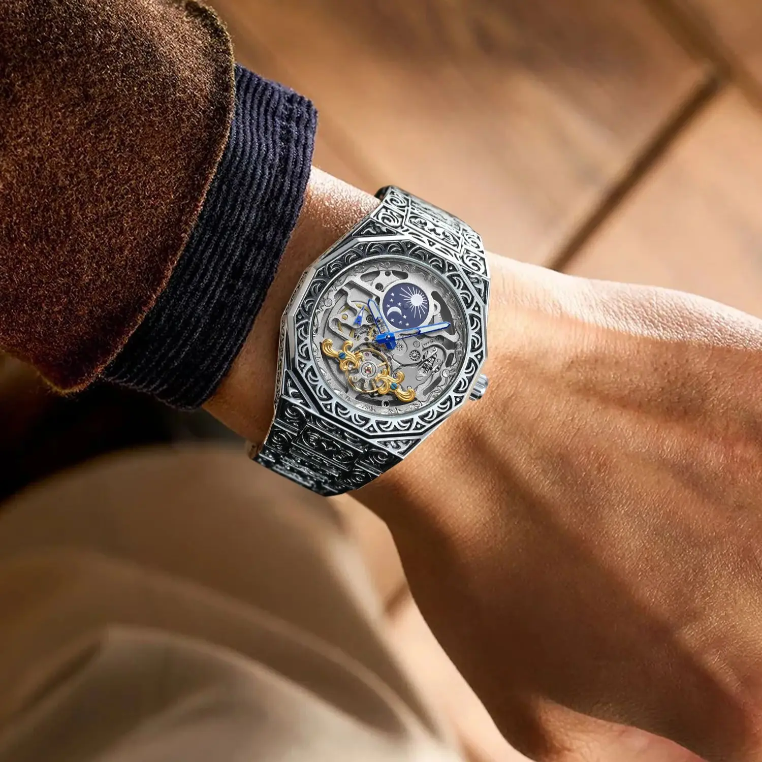 Forsining luxo tourbillon esqueleto relógios mecânicos fase da lua ouro relógio automático para homem gravado pulseira de aço inoxidável