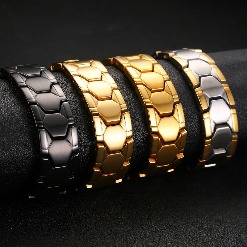 Vinterly Football Style Bracelets Men Gold-color Germanium Magnetic Stainless Steel Chain Link Jewelry Waterproof 18mm Magnets