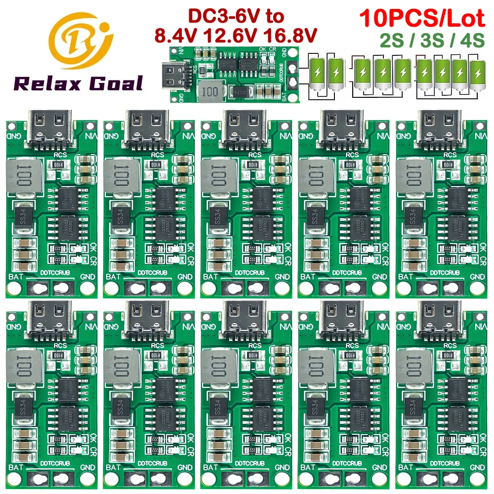 

10PCS Multi-Cell 2S 3S 4S Type-C to 8.4V 12.6V 16.8V 18650 Lithium Battery Boost Step-Up Polymer Li-Ion Charger 7.4V 11.1V 14.8V