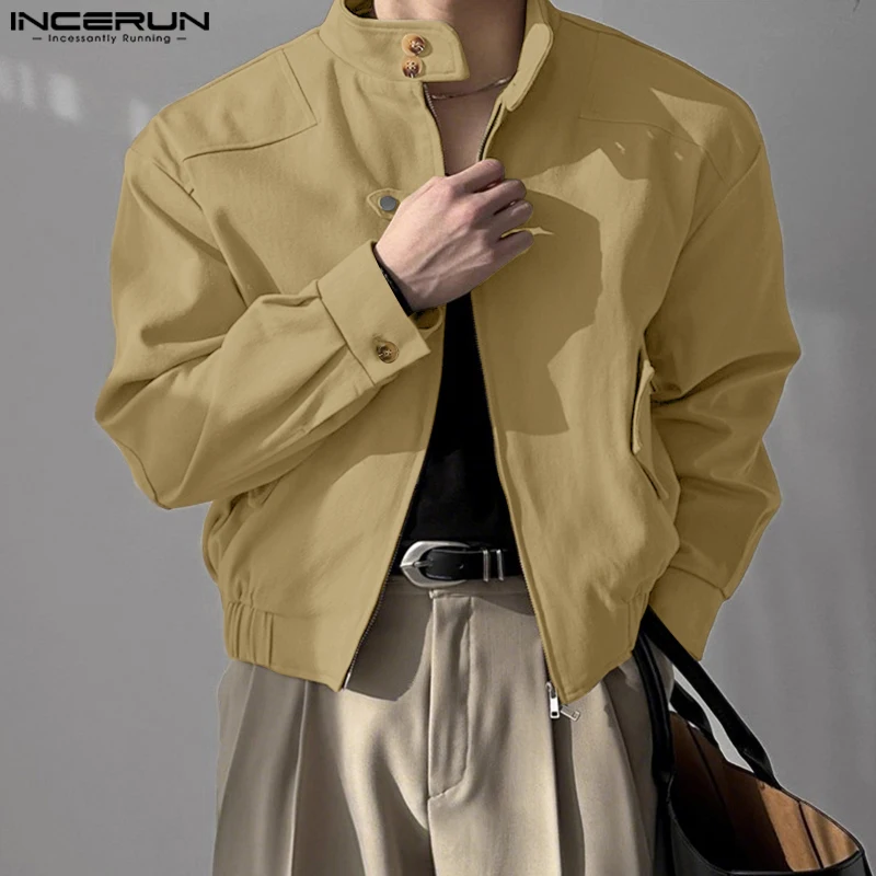 

INCERUN Men Jackets Solid Color Stand Collar Long Sleeve Zipper Male Crop Coats Streetwear Loose Fashion Casual Thin Jackets Men