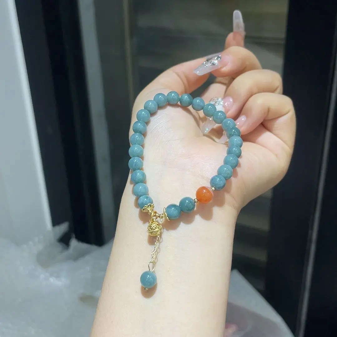 

Blue Water Jadeite Plus Small Bell Card 7 Round Bead Bracelet, Simple and Exquisite Versatile Niche Fashion Bracelet Women's