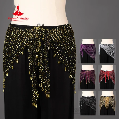 Cadena de cintura para danza del vientre, tejido hecho a mano, cuentas plateadas/doradas, bufanda triangular versátil para cadera, cinturón de accesorios para actuación de bailarina del vientre
