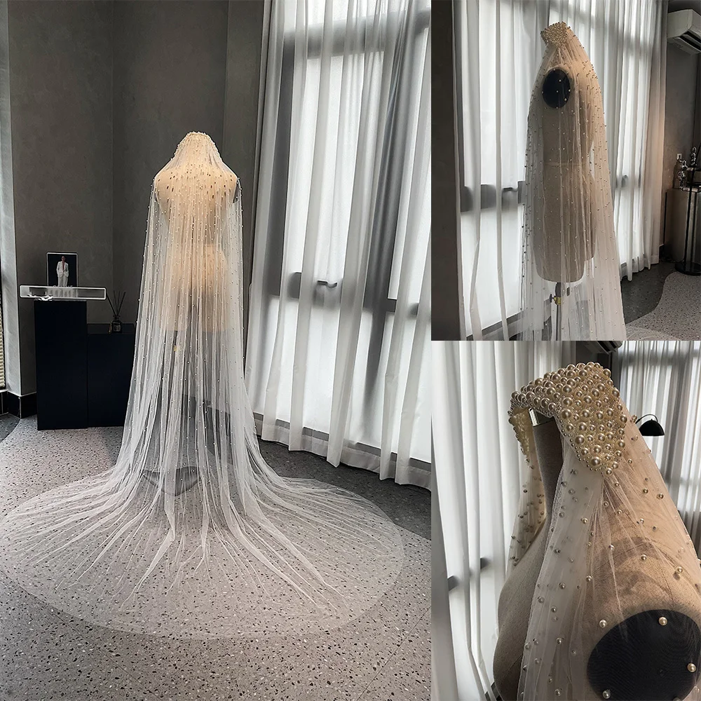 

Luxury Pearl Bridal Veils Cathedral Long Wedding Veils Tulle White Ivory Customize Bridal Accessories 3M