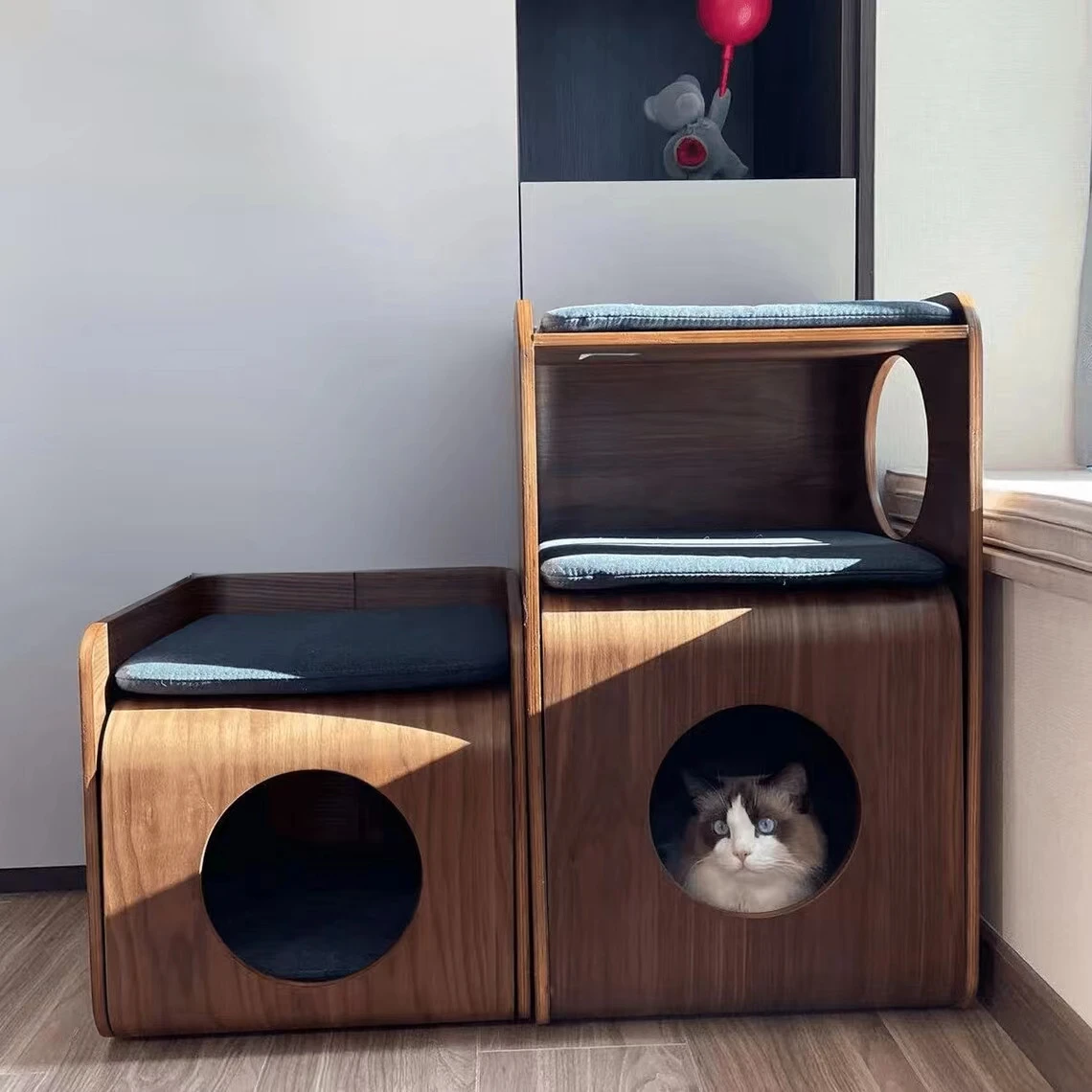 Pet Home Eco-Friendly Modern Curved Wood Animal Pattern Multifunctional Cat Nest House Bed Coffee Table All Seasons