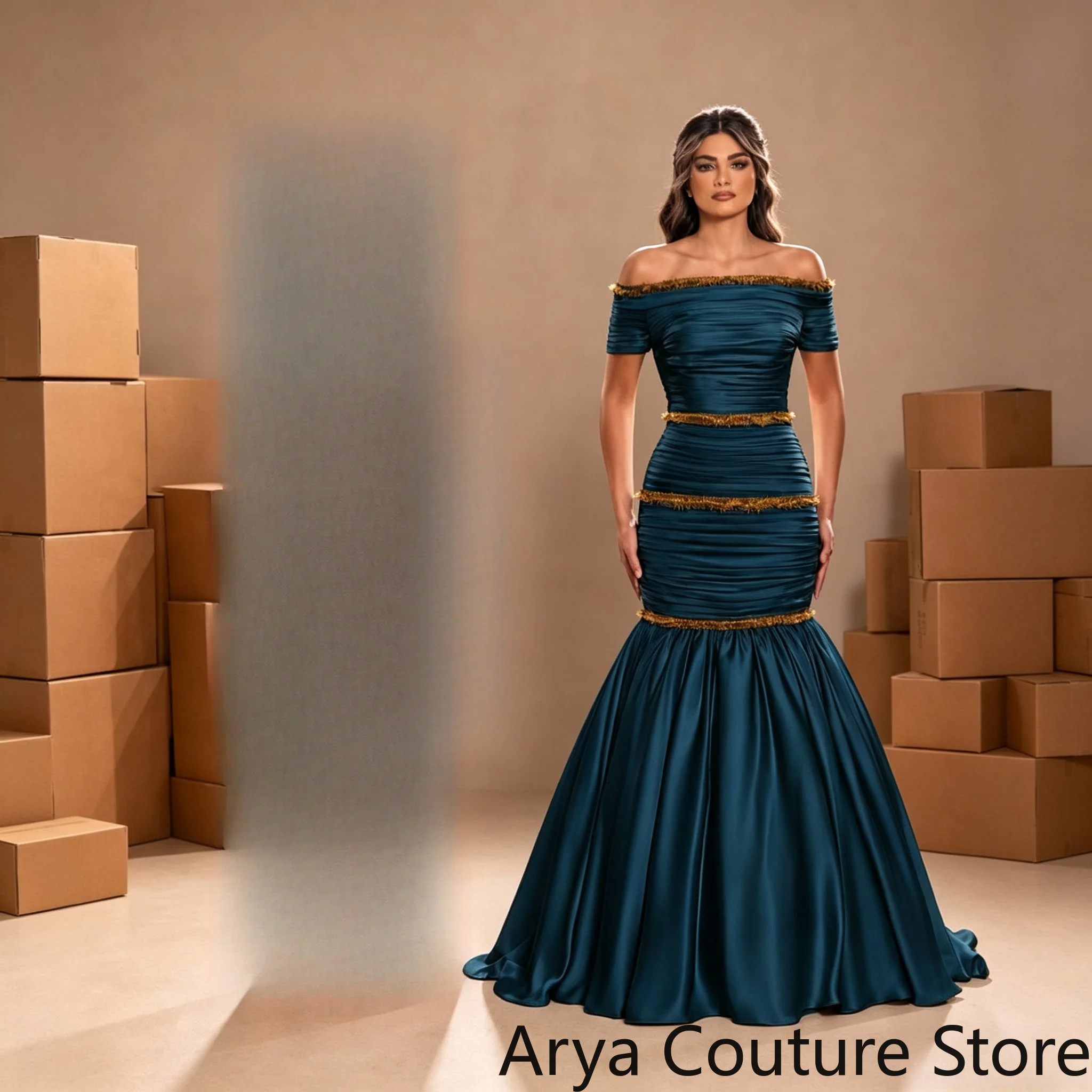 Mermaid Prom Dress Horizontal Ruched Fitted Bodice Multi‑Layer Gold Fringe Tassel Trim At Waist And Hip Voluminous Satin