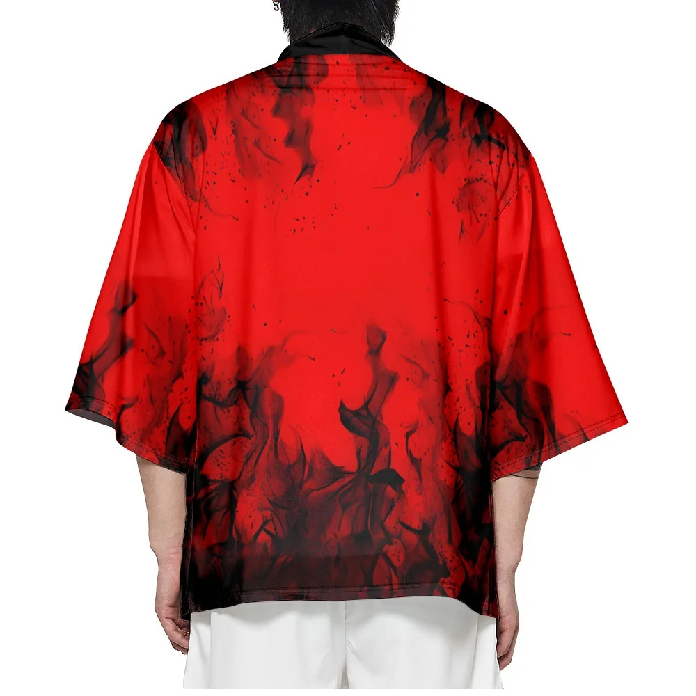 Fashion Design Print Red Shirt Japanese Traditional Haori Women Men Beach Yukata Streetwear Cardigan Kimono Asian Clothing