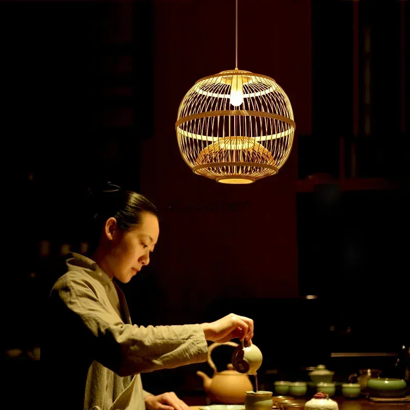 Japanese Style Hanging Lights Living Room Pendant Kitchen Island Pendant Lights Hand Make Wood Bamboo Lamp Dining Room Light E27